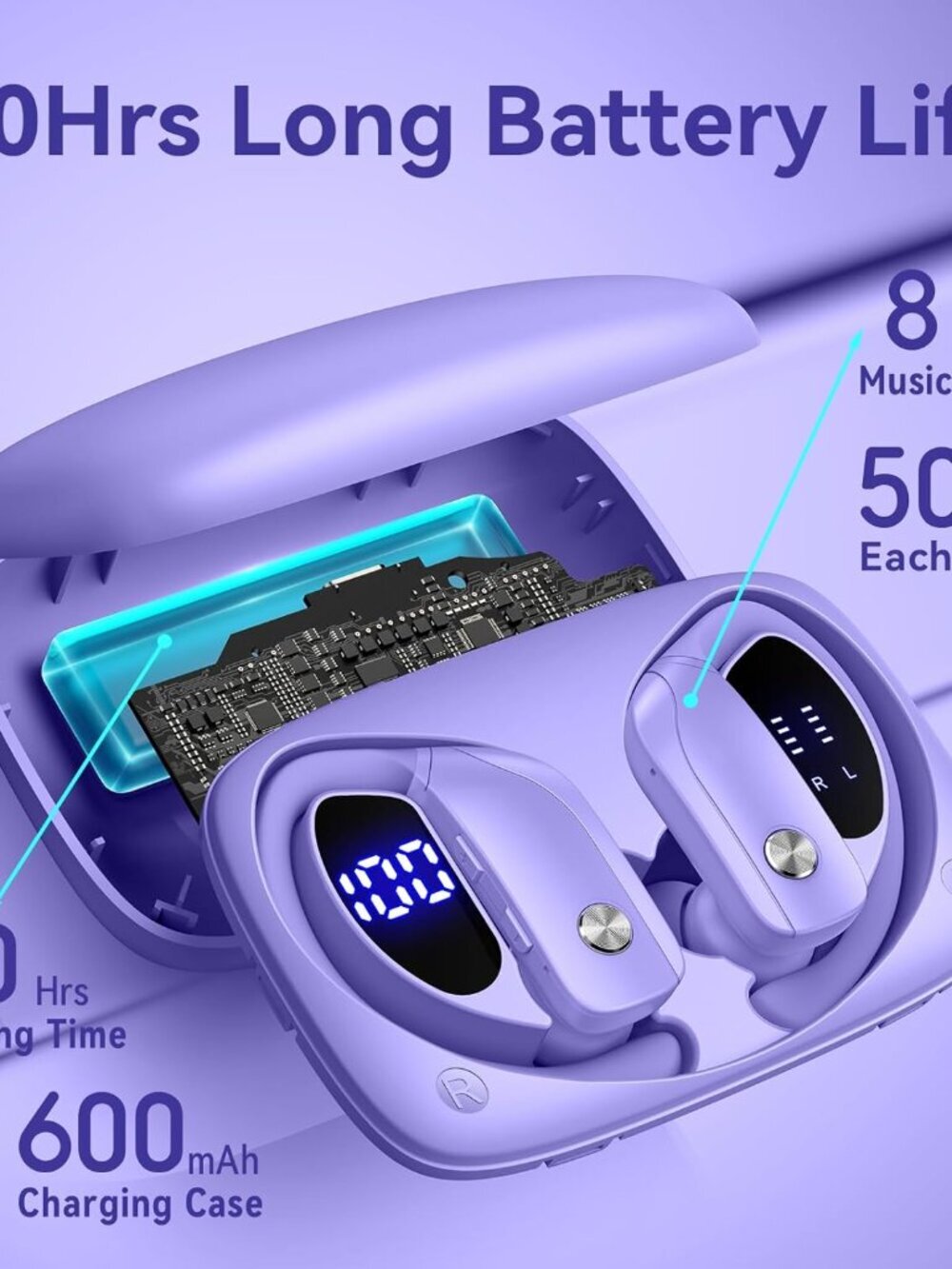Purple Wireless Earbuds Bluetooth LED Display Ear-hooks Built-in Mic Headset - Picture 3 of 6